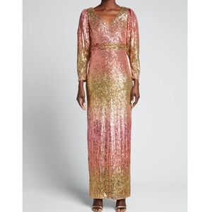 Theia Adalee Ombre Sequined Puff Sleeve Gown Size 6 Women Formal Evening V Neck